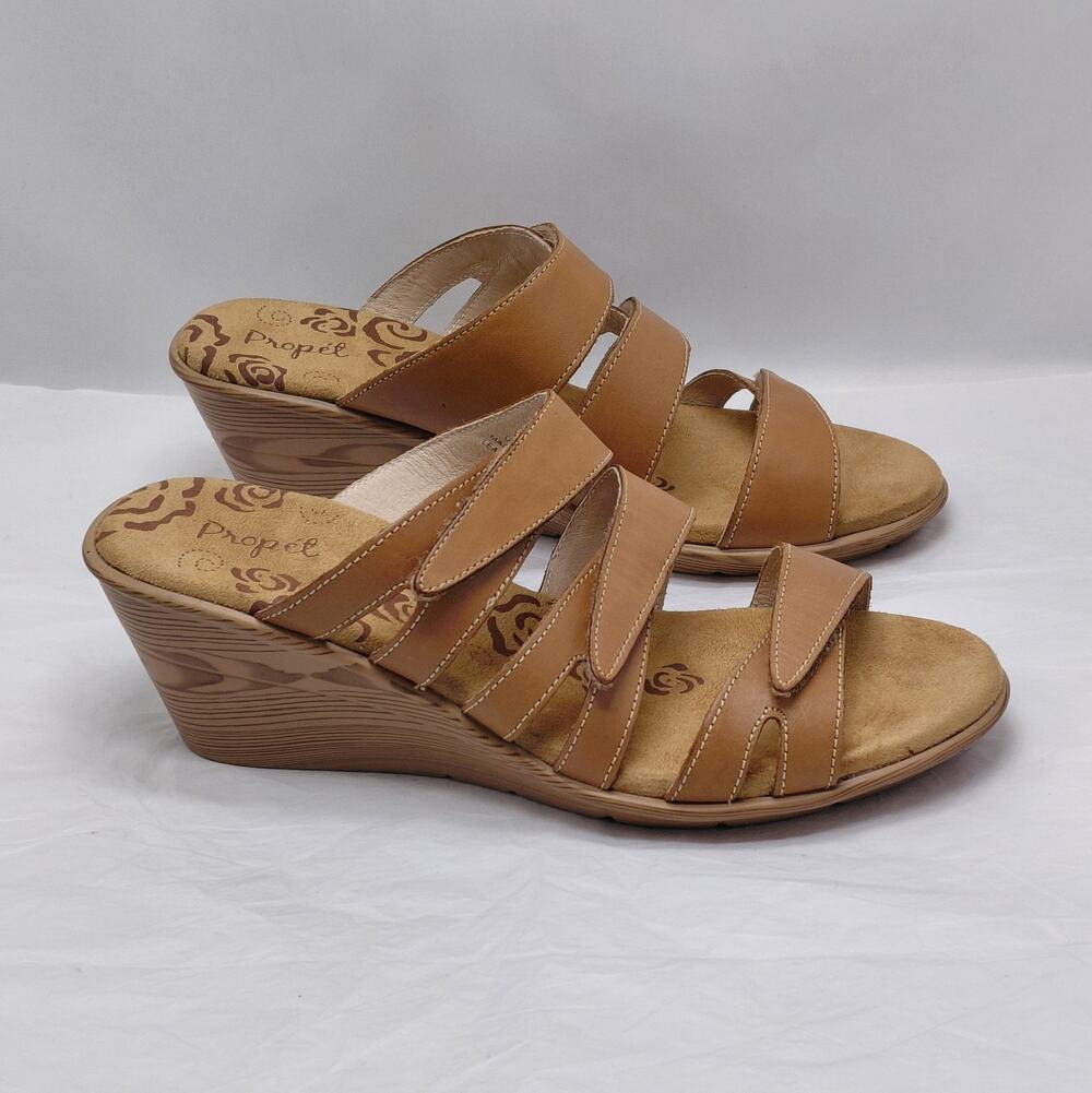 Propet Womens Wedge Heel Sandals Size 9W Tan Comfort Travel Slip On Casual Shoes